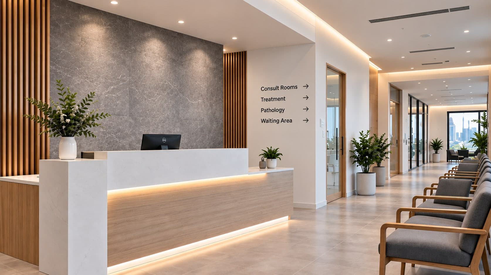 Reception and waiting area of a medical centre fit out delivered by Syntra Construction Group