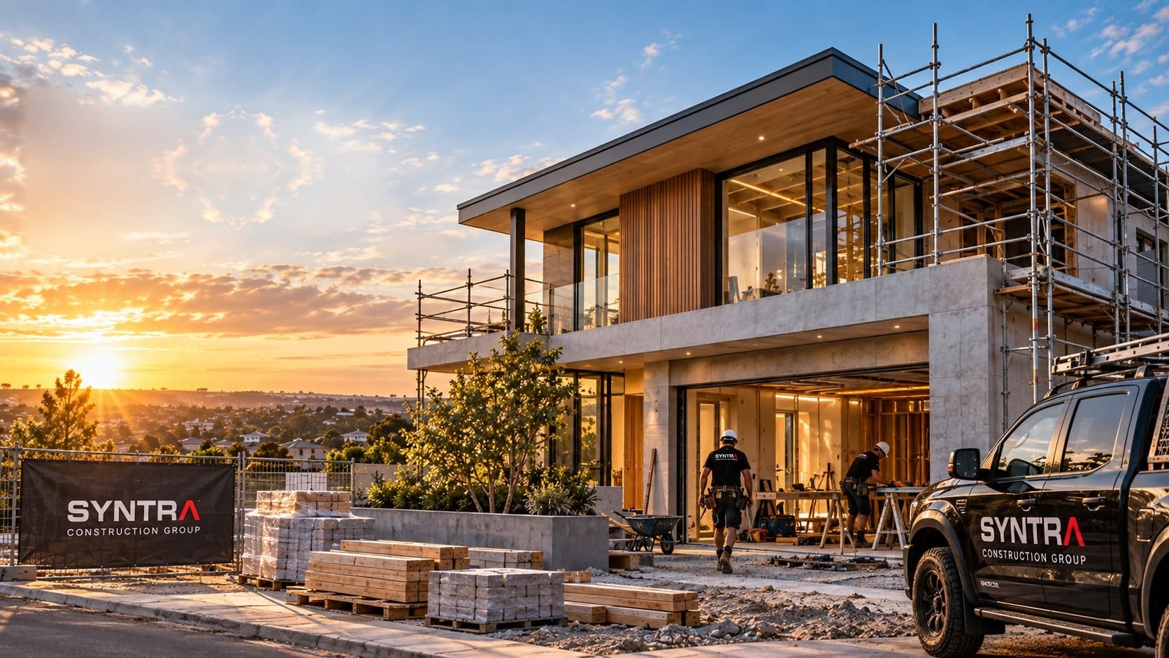 A Syntra Construction Group home under construction at sunset in NSW